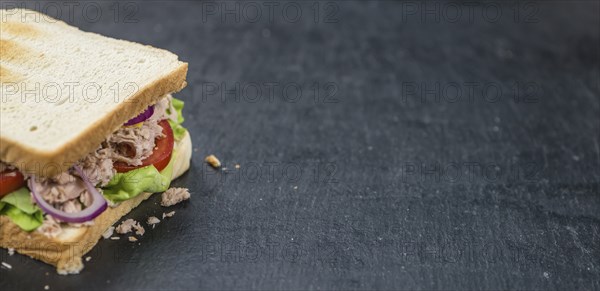 Slate slab with a fresh made Tuna Sandwich (selective focus, close-up shot)