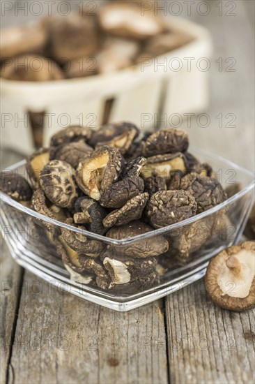 Some homemade Shiitake mushrooms (dried) as detailed close-up shot, selective focus