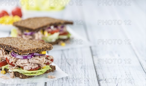 Fresh made Tuna sandwich with wholemeal bread (selective focus, close-up shot)