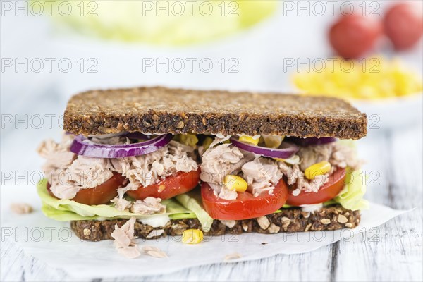 Tuna sandwich with wholemeal bread (selective focus, close-up shot)
