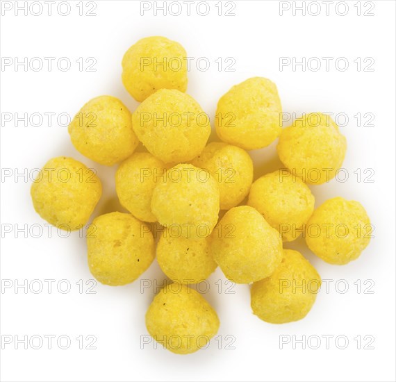 Cheese Balls isolated on white background (selective focus, close-up shot)