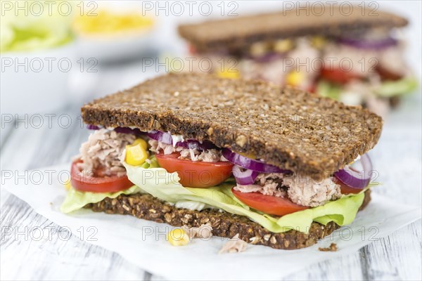 Fresh made Tuna sandwich with wholemeal bread (selective focus, close-up shot)