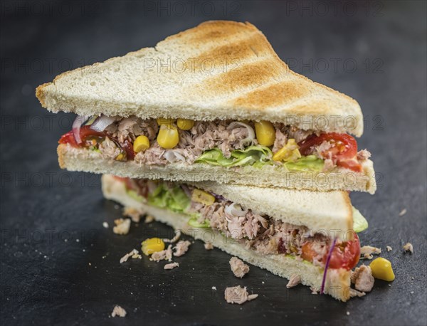 Tuna Sandwich (selective focus, close-up shot) on vintage background