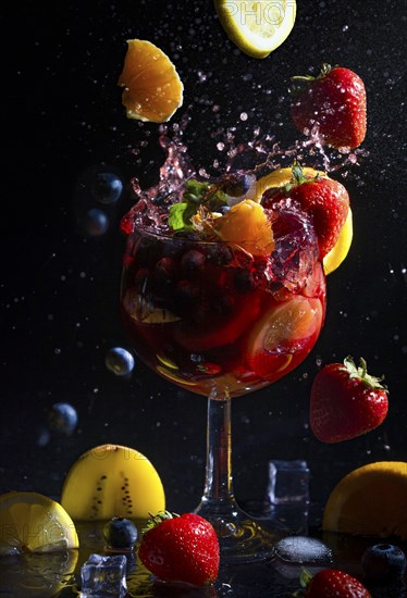 Sparkling sangria in a glass, surrounded by fruit and berries