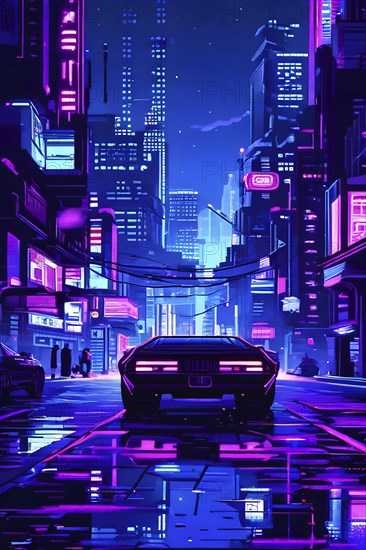 Pixel art of a cyberpunk city scape at night with neon infused skyline, AI generated