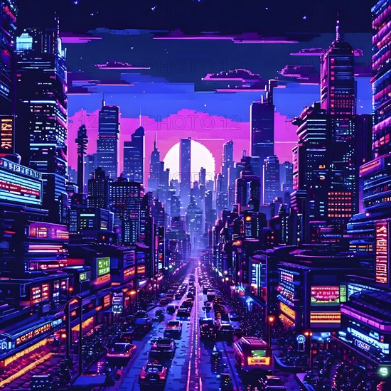 Pixel art of a cyberpunk city scape at night with neon infused skyline, AI generated