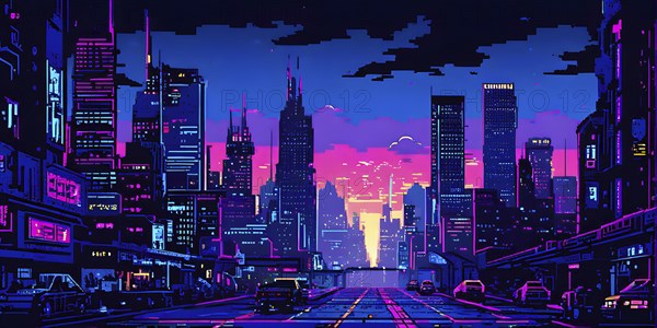 Pixel art of a cyberpunk city scape at night with neon infused skyline, AI generated