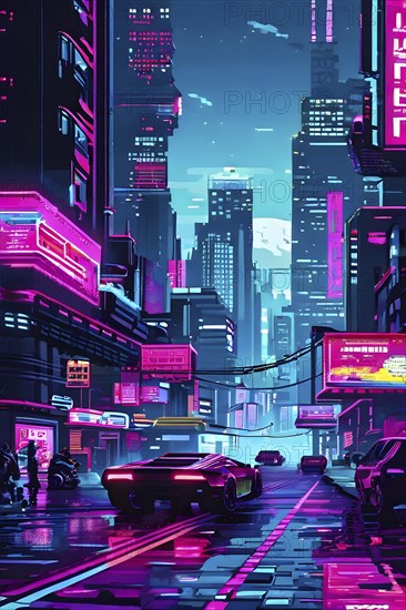 Pixel art of a cyberpunk city scape at night with neon infused skyline, AI generated