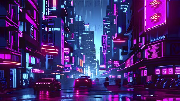 Pixel art of a cyberpunk city scape at night with neon infused skyline, AI generated