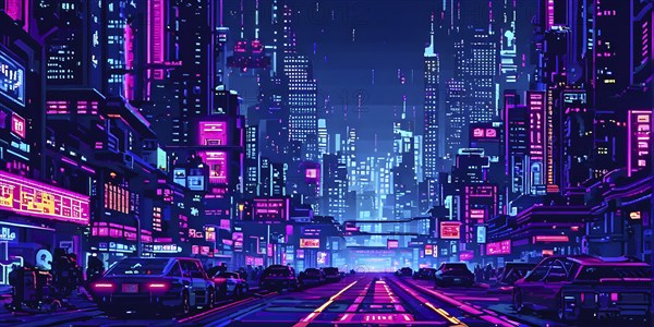 Pixel art of a cyberpunk city scape at night with neon infused skyline, AI generated