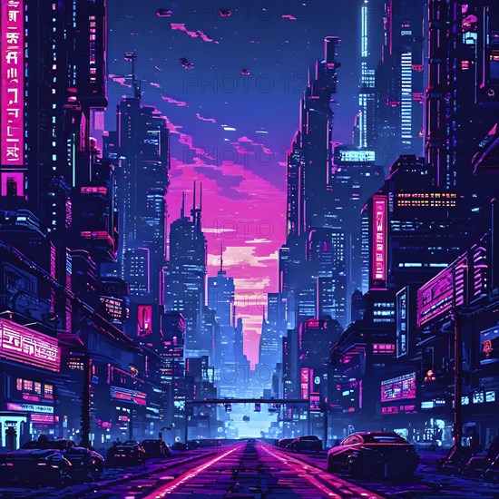 Pixel art of a cyberpunk city scape at night with neon infused skyline, AI generated