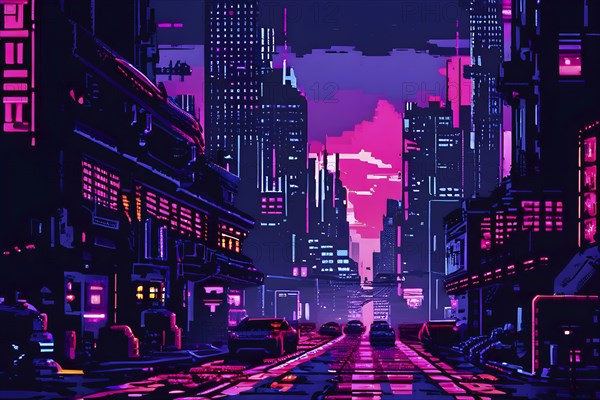 Pixel art of a cyberpunk city scape at night with neon infused skyline, AI generated