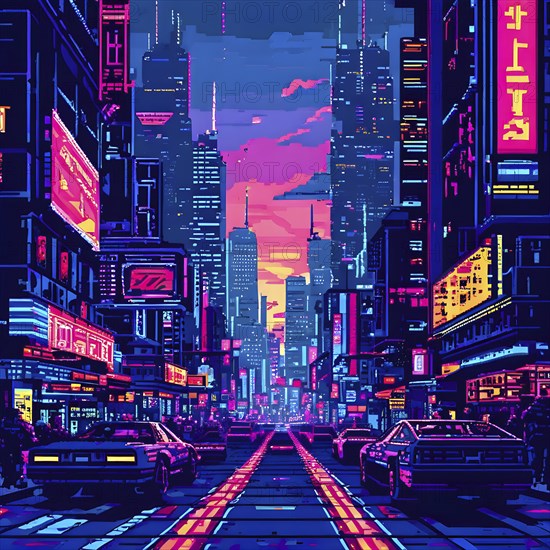 Pixel art of a cyberpunk city scape at night with neon infused skyline, AI generated