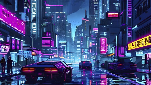 Pixel art of a cyberpunk city scape at night with neon infused skyline, AI generated