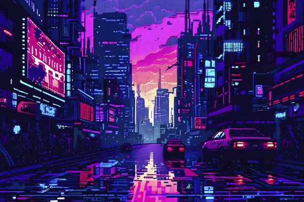 Pixel art of a cyberpunk city scape at night with neon infused skyline, AI generated