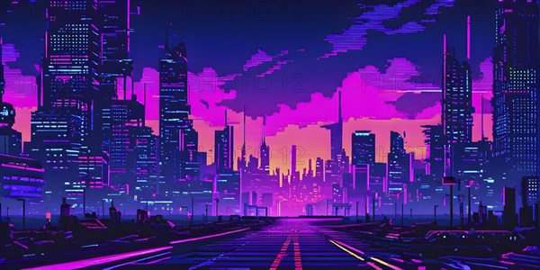 Pixel art of a cyberpunk city scape at night with neon infused skyline, AI generated