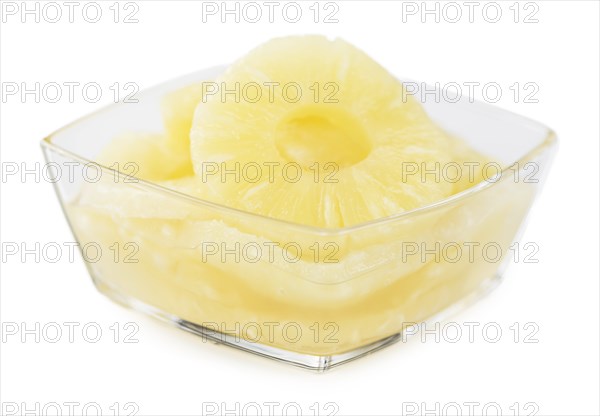 Fresh made Preserved Pineapple Rings isolated on white background, close-up shot