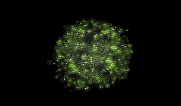 A cluster of glowing green particles forming a hexagon pattern on a dark background, background