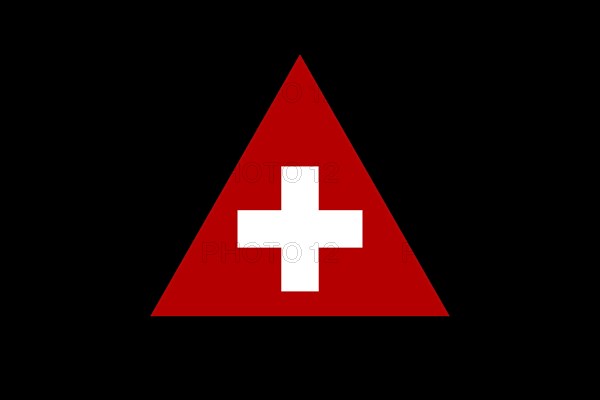 Red Triangle Shape Swiss Flag with White Cross Shape on Black Background in Switzerland