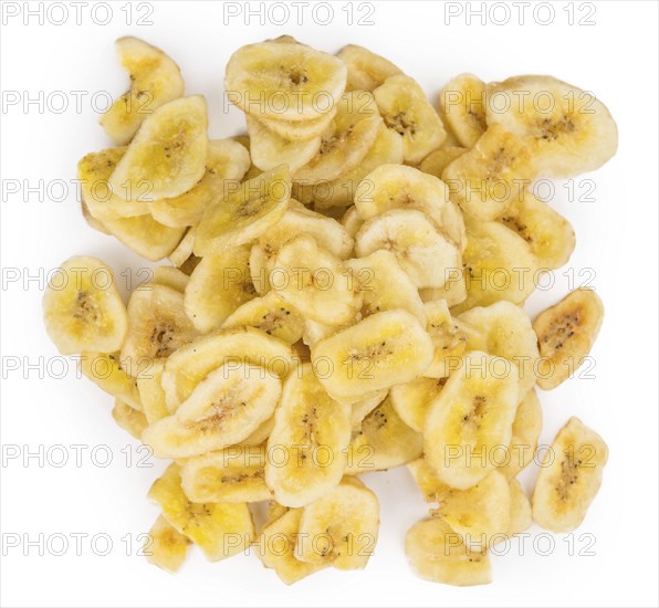 Dried Banana Chips isolated on white background, selective focus, close-up shot
