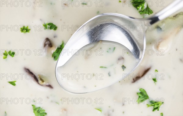 Homemade Porcini Soup on vintage background selective focus, close-up shot