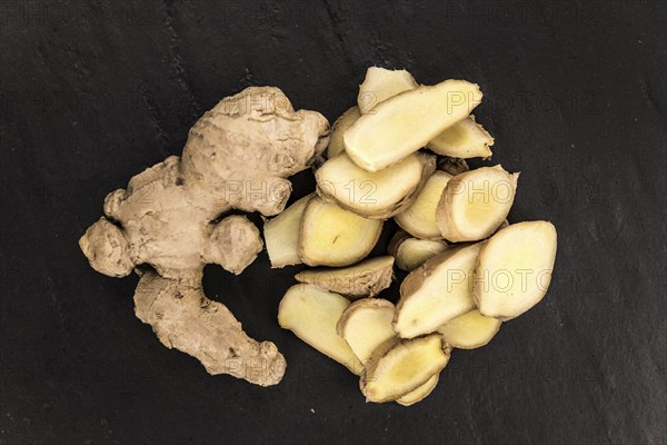 Some fresh Ginger Slices (selective focus, close-up shot)