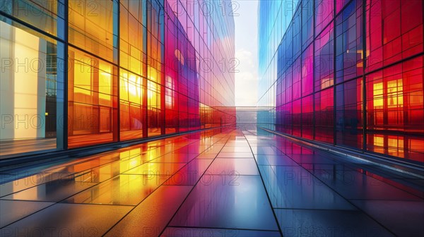 A vibrant corridor between glass buildings reflecting colorful hues and illuminated by warm
