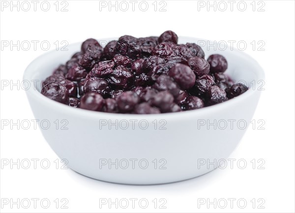 Canned Blueberries isolated on white background, selective focus, close-up shot