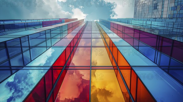 Modern glass building with colored panels reflecting clouds and sky, creating a vivid atmosphere,
