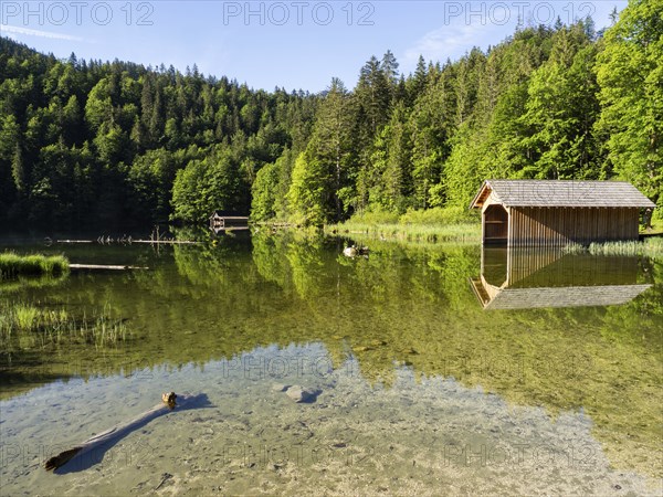 Morning atmosphere, reflection, boathouse at the Toplitzsee, Salzkammergut, Styria, Austria, Europe