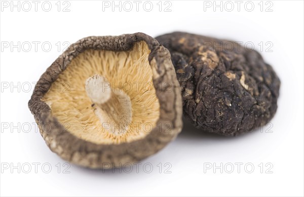 Dried Shiitake mushrooms isolated on white background, selective focus, close-up shot