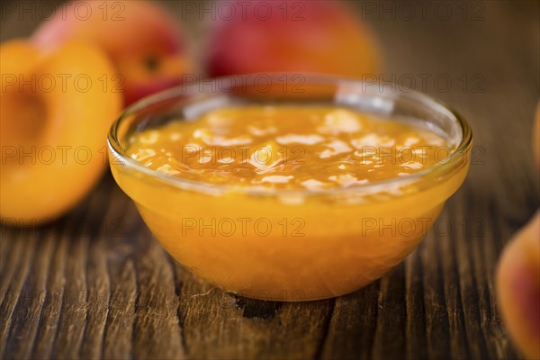 Some homemade Apricot Jam (selective focus) as detailed close-up shot