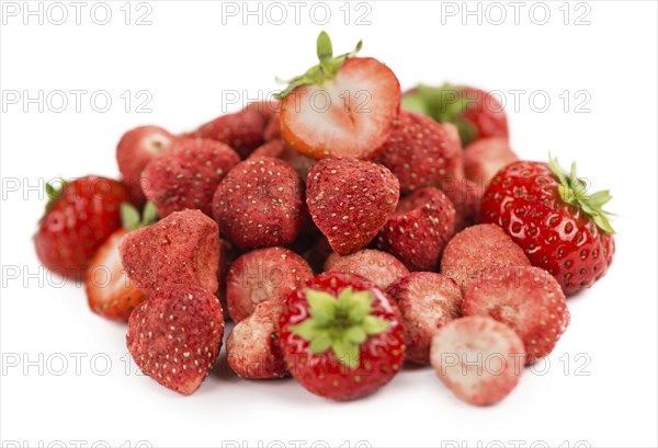 Fresh made Strawberries (dried) isolated on white background, close-up shot