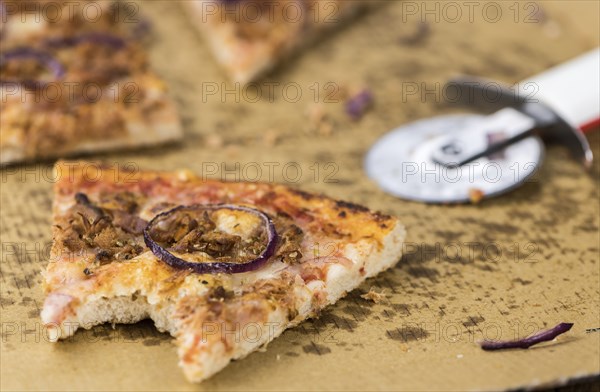 Portion of sliced Pizza (detailed close-up shot, selective focus)