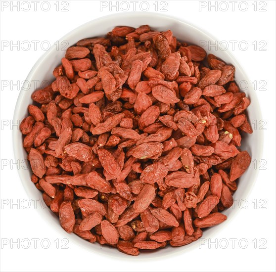 Goji Berries (dried) isolated on white background (selective focus, close-up shot)
