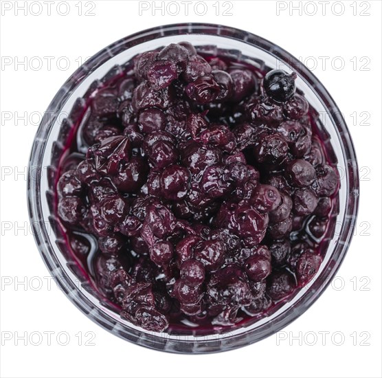 Canned Blueberries isolated on white background, selective focus, close-up shot