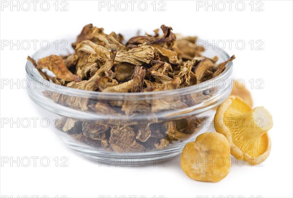 Portion of Dried Chanterelles as detailed close-up shot isolated on white background