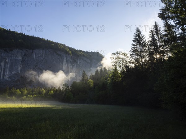 Morning atmosphere at sunrise, early morning fog over a meadow, behind the Gössler Wand, panoramic