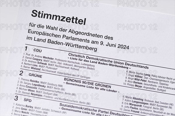Germany, May 2024: German ballot paper for Elections to the European Parliament. 'Europawahl' in