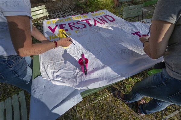 Preparation of banners for the democracy festival to mark 75 years of the Basic Law, Franconia,