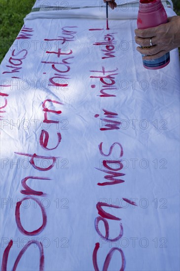 Preparation of banners for the democracy festival to mark 75 years of the Basic Law, Franconia,