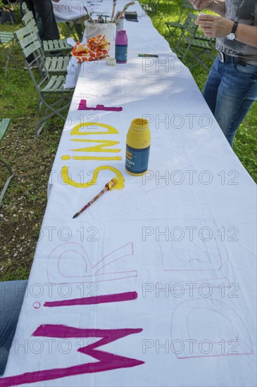 Preparation of banners for the democracy festival to mark 75 years of the Basic Law, Franconia,