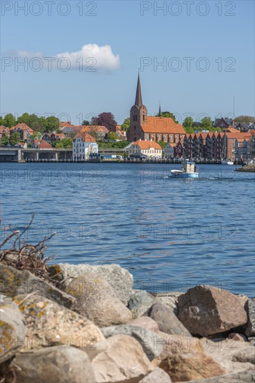 Sonderborg, Als, town of Sonderburg, St. Mary's Church, harbour promenade, fishing boat, boulders,