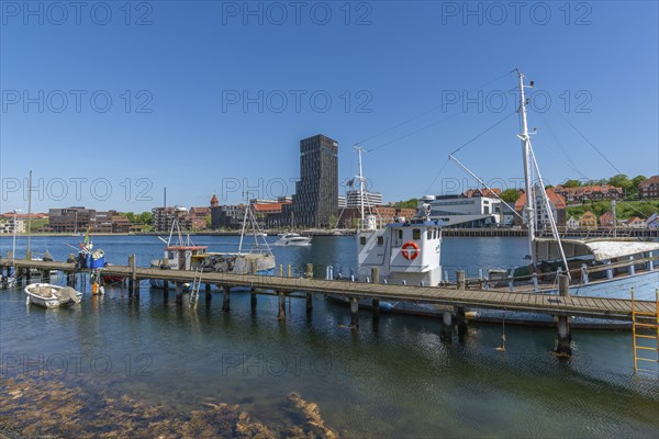 Sonderborg, Als, town of Sonderburg, fishing boats, jetty, modern architecture, Alsikhotel with