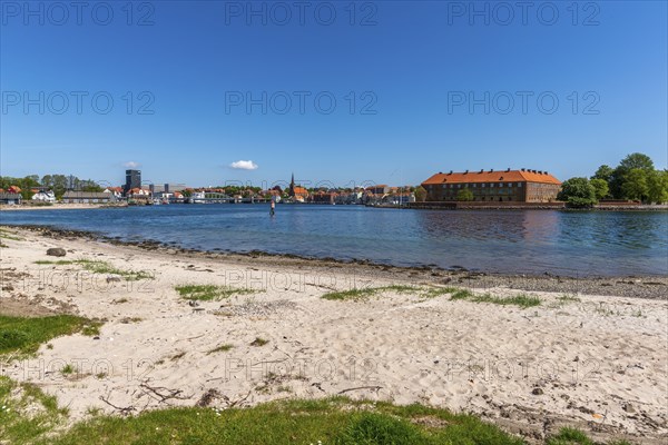 Sonderborg, Als, townscape of Sonderburg, beach, shore, brick building of Sonderburg Castle, Museum