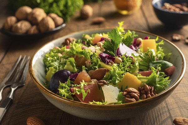 A fresh salad with nuts, cheese and fruit on a wooden table. Healthy and varied diet, AI generated,