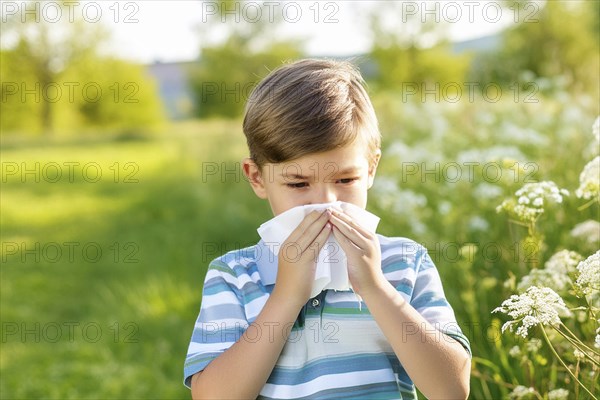 A boy in a polka dot shirt stands in a meadow of flowers and blows his nose with a handkerchief