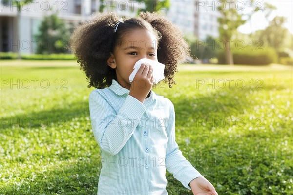 A little girl stands in the park and uses a handkerchief to blow her nose while the sun shines, AI