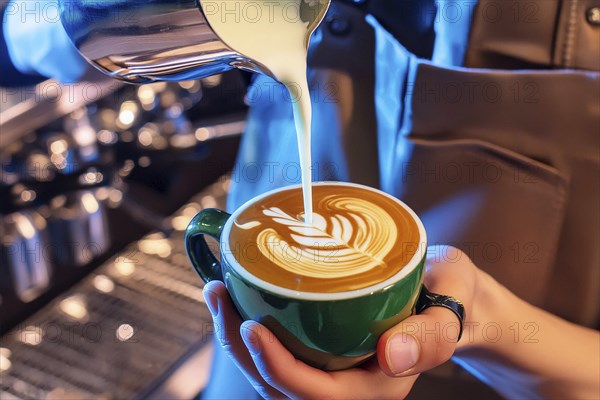 A barista pours milk into a coffee cup and creates latte art in the shape of a leaf in a cosy café,