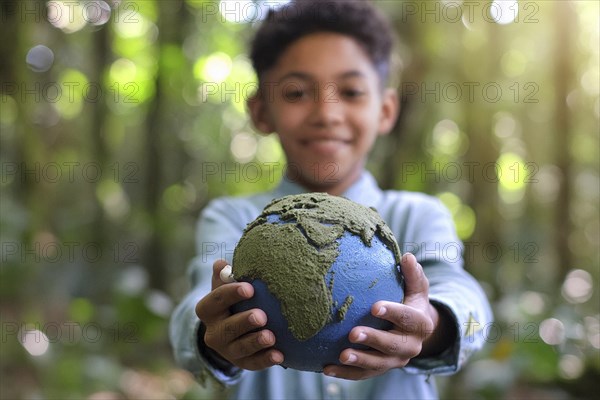 Smiling child holding a moss-covered globe against a background of green trees and sunshine, AI